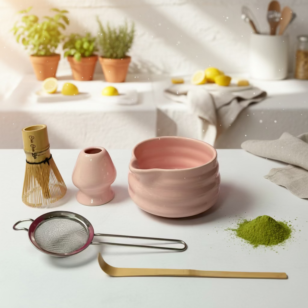 ChaChaLab - Set nástrojov na prípravu matcha čaju (5ks) - Blush Pink (Chawan / miska 500 ml)